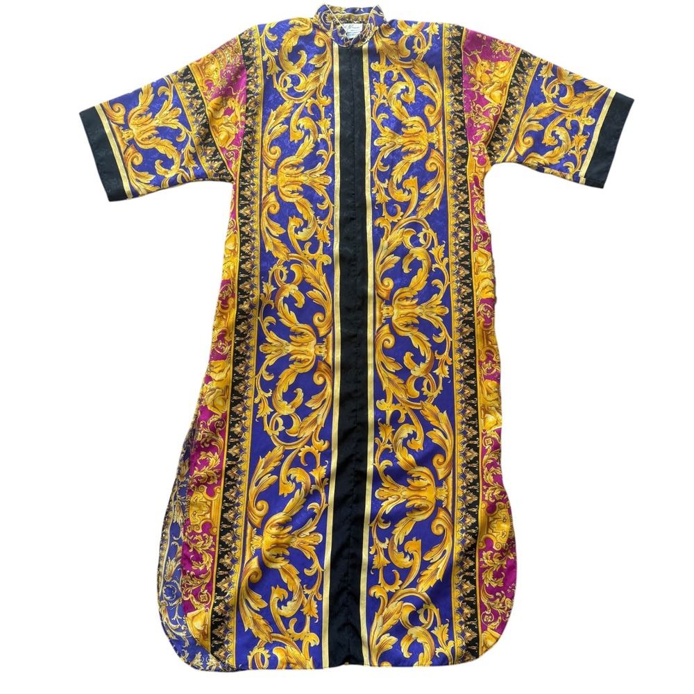 Ruth Norman Vintage Caftan Hostess Dress Baroque Angel Print XXL Purple Gold 80s